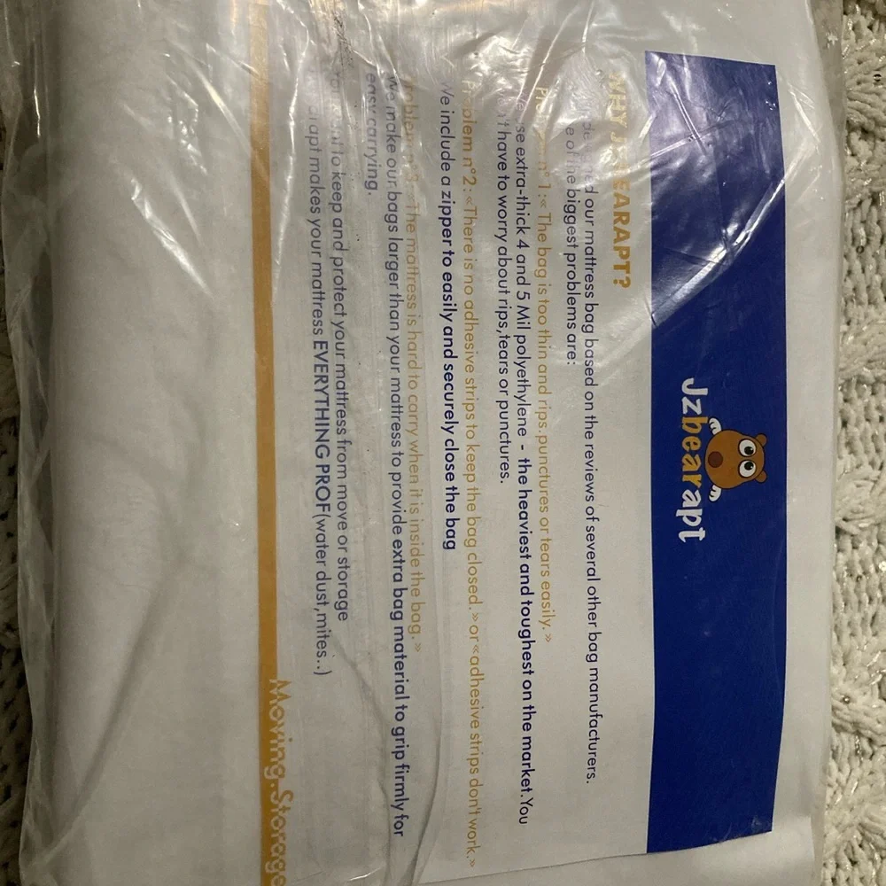 Plastic zippered moving storage bag for twin mattress